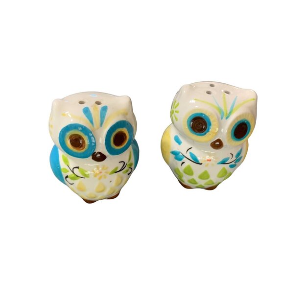 Blue Yellow White Owl Salt and pepper Shakers Vintage Ceramic - Picture 1 of 4